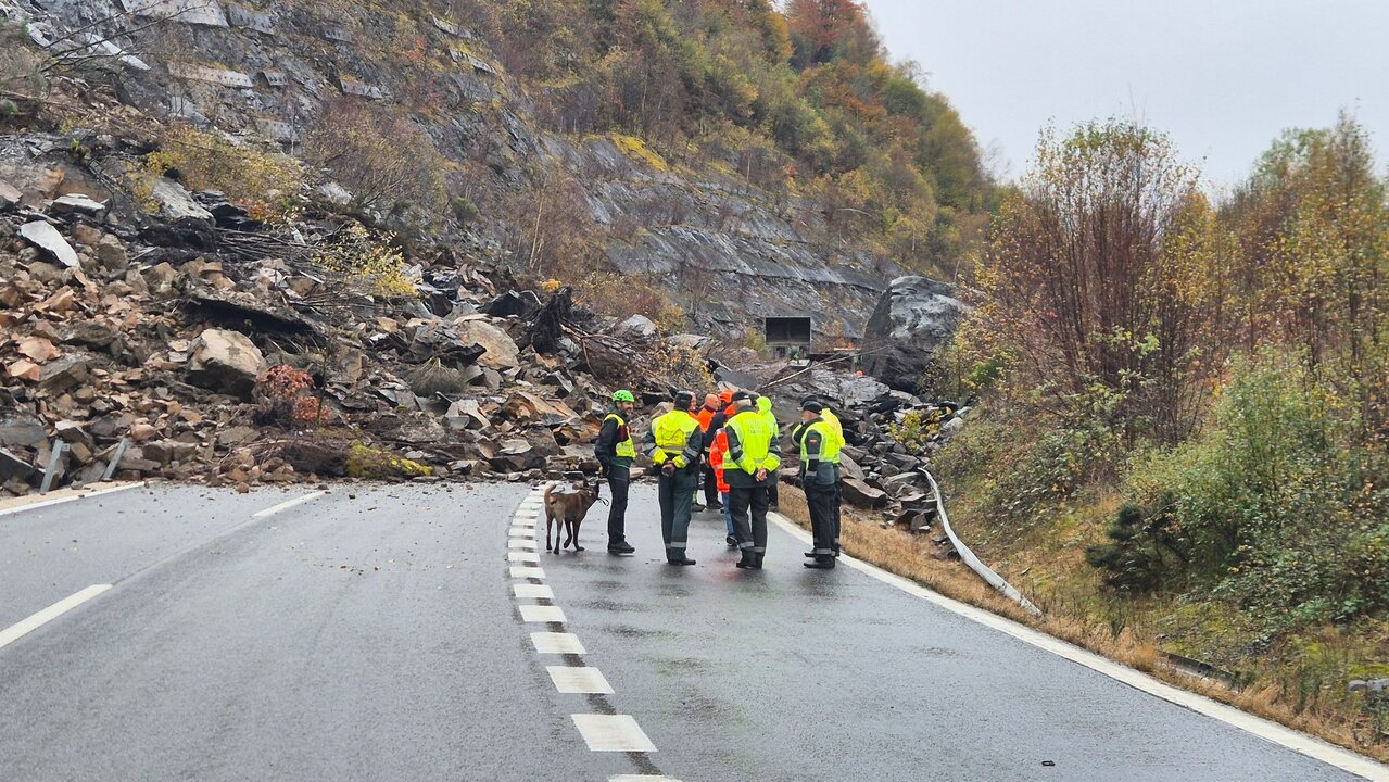 Efectivos de Emergencias en la zona del argayo en la autopista AP-66.