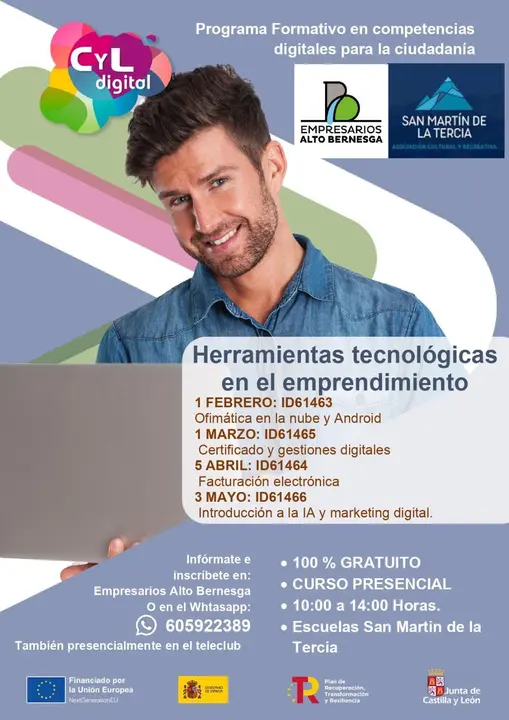 Cartel de los cursos organizados por la Asociación San Martín en colaboración con la Asociación de Empresarios del Alto Bernesga y CyLDigital.