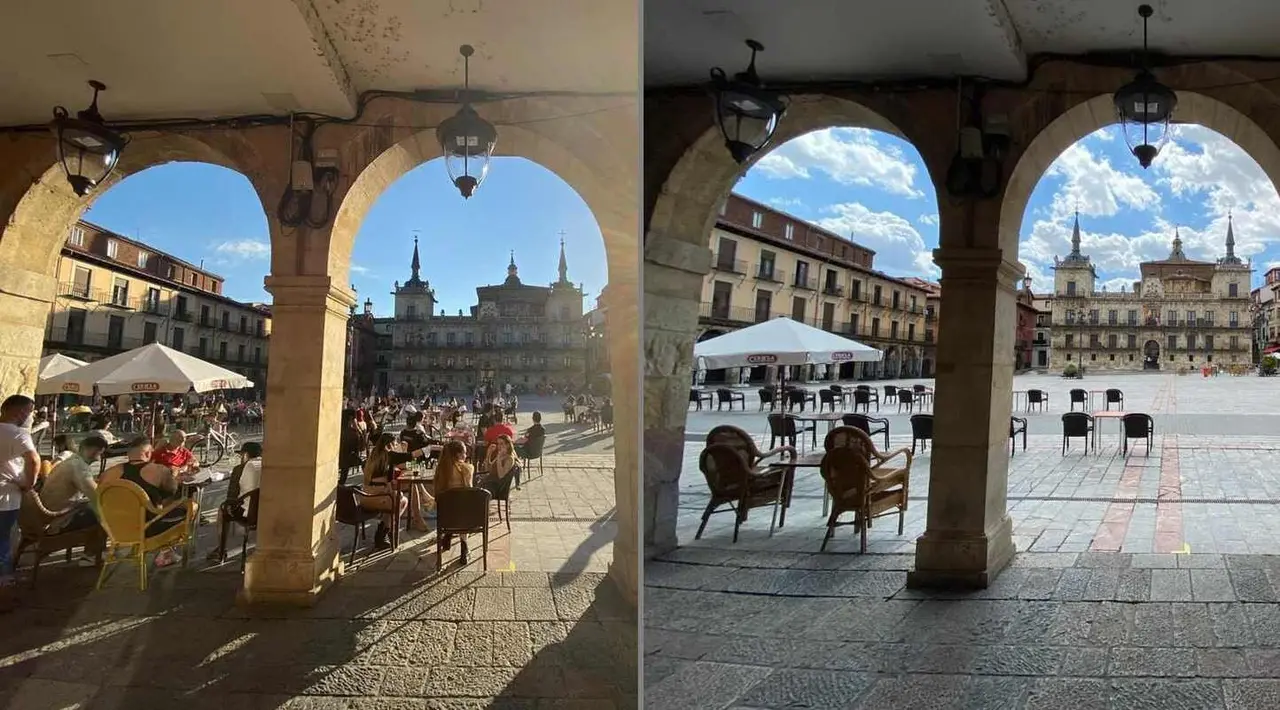 Dos imágenes tomas en el mismo punto con y sin covid-19. Así ha cambiado León. Foto: Marga Calvo