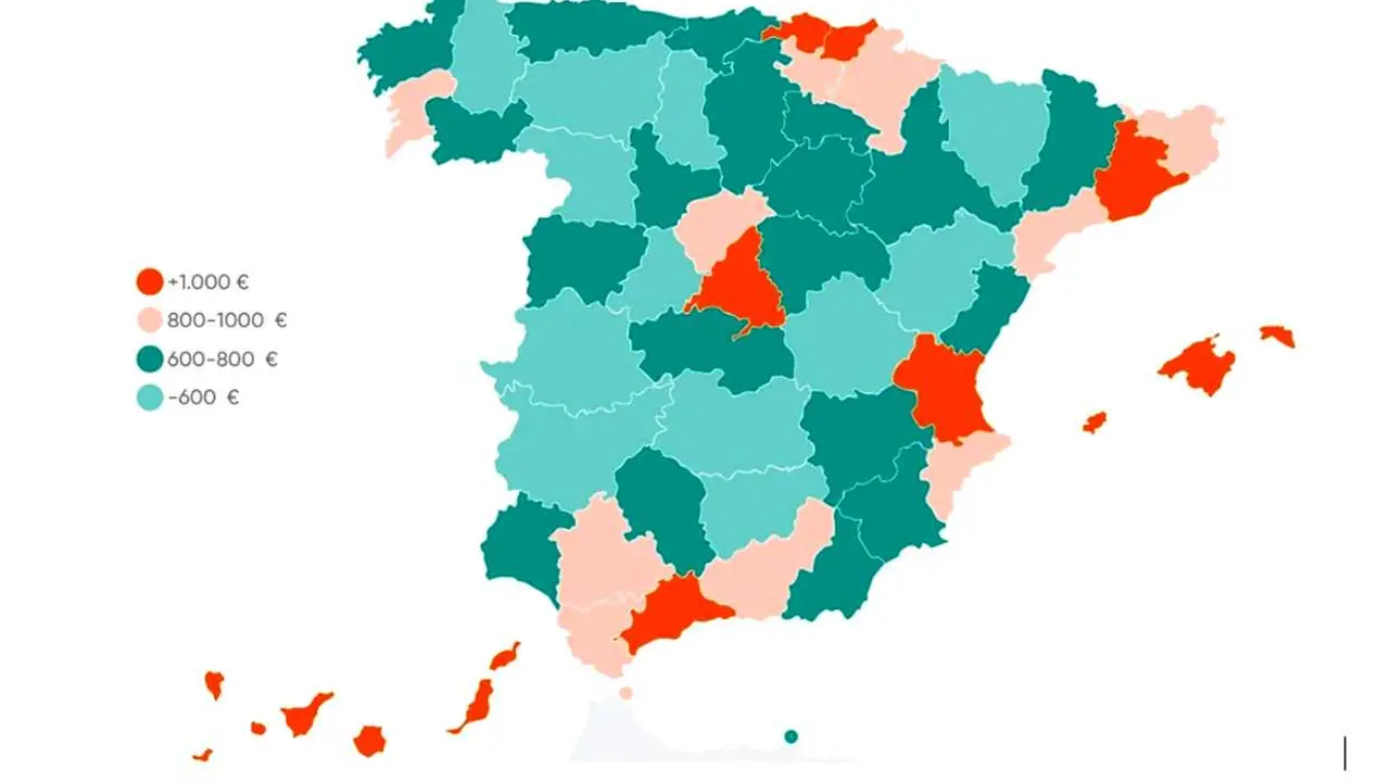 Mapa sobre el precio medio de alquiler por provincias.