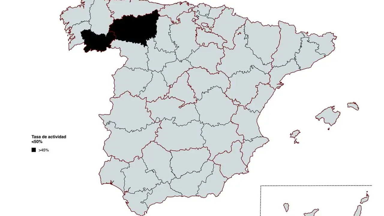 Provincias con una tasa de actividad por debajo del 50%. León y Orense son las que peor registro tienen y entre ambas la leonesa es la peor parada.