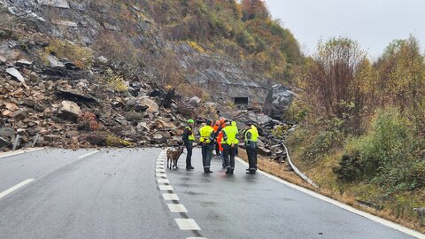 Efectivos de Emergencias en la zona del argayo en la autopista AP-66.