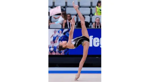 Marta Pérez, gimnasta leonesa del Club Ritmo, ha sido convocada por la Federación Española para un control en el que se juegan las plazas para el Mundial del próximo verano. Foto: Quique Reig.