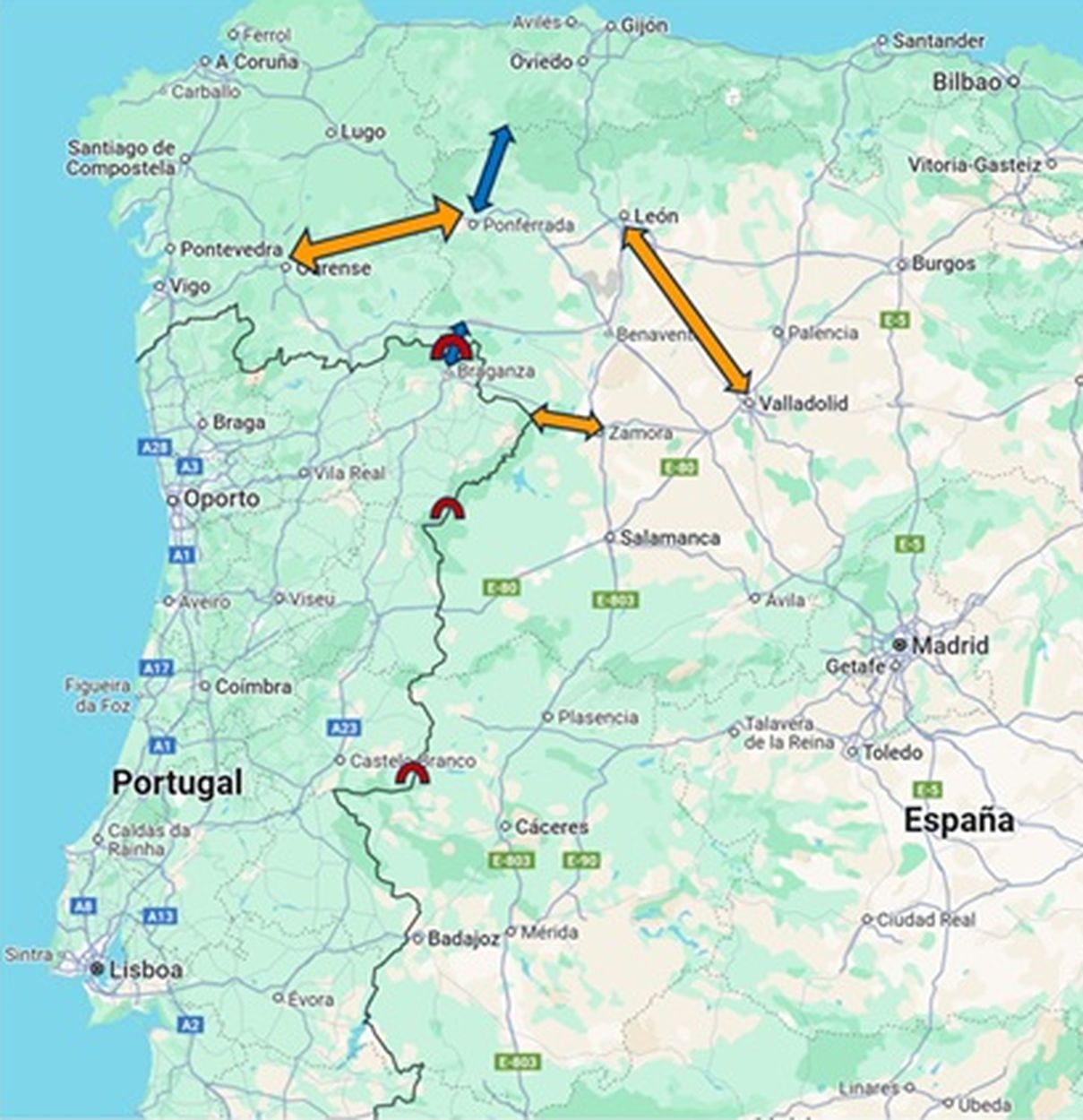 AUTOVÍAS: León-Valladolid; Zamora-Quintanilla; Orense-Ponferrada
VÍAS RÁPIDAS: Bragança-Puebla de Sanabria; Ponferrada-La Espina
PUENTES INTERNACIONALES: Rionor-Rihonor; Masueco, (Sa)-Ventozelo (Pt); Cedillo (Sa)-Montalvo (Pt).