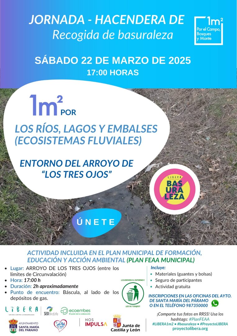 Cartel de la jornada de limpieza en el arroyo Tres Ojos.